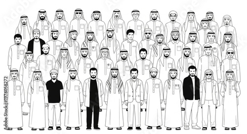 Group of Arab men in traditional attire, standing together for a portrait.