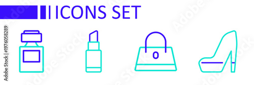 Set line Woman shoe, Handbag, Lipstick and Perfume icon. Vector