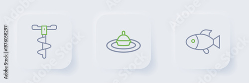 Set line Fish, Fishing float in water and Hand ice drill icon. Vector