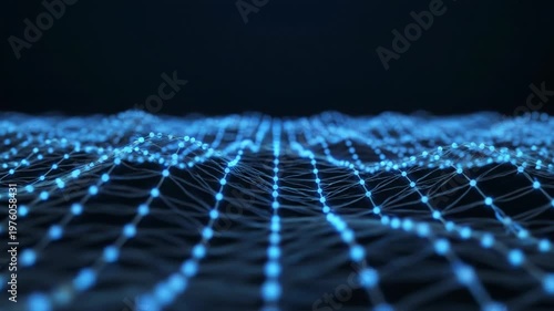 Glowing blue network connections on a dark background with nodes and lines