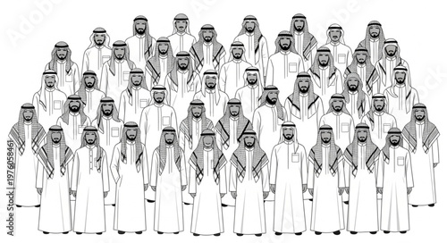 Group of Arab men in traditional attire, standing together in a crowd.