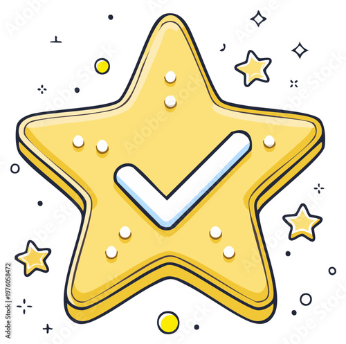 Cartoon star with check mark, concept of success and achievement