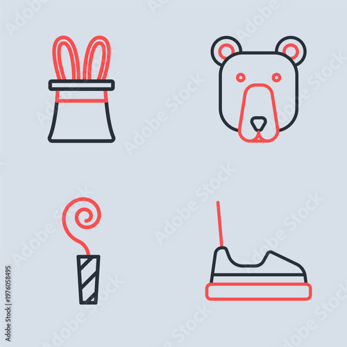 Set line Bear head, Birthday party horn, Bumper car and Magician hat and rabbit ears icon. Vector