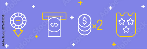 Set line Lottery ticket, Casino chip with dollar, Automated teller machine and money and chips icon. Vector