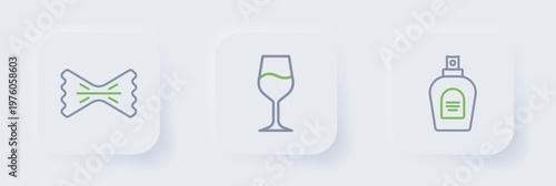 Set line Perfume, Wine glass and Macaroni icon. Vector