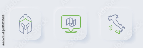 Set line Map of Italy, Flag and Roman army helmet icon. Vector