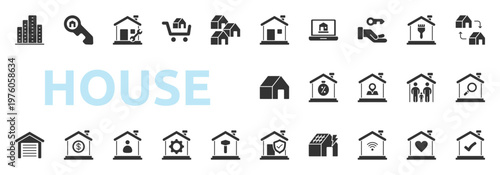 House icon set glyph style with house, online property, key, renovation, property exchange, building, mortgage icons