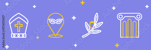 Set line Ancient column, Olives branch, Carnival mask and Pope hat icon. Vector
