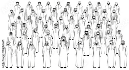 Group of Arab men in traditional attire standing together in a crowd.