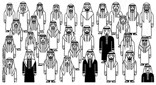 Group of Arab men in traditional attire, standing together in a crowd.