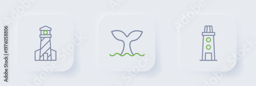 Set line Lighthouse, Whale tail and icon. Vector