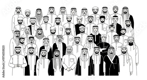 Group of Arab men in traditional attire, standing together in a crowd.