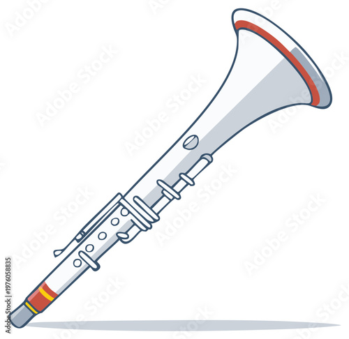Stylized white woodwind musical instrument with a flared bell and red accents vector illustration
