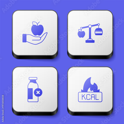 Set Apple, Calorie calculator, Lactose intolerance and Kcal icon. White square button. Vector
