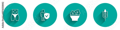 Set Metabolism, Healthy lifestyle, Salad in bowl and Wheat icon with long shadow. Vector