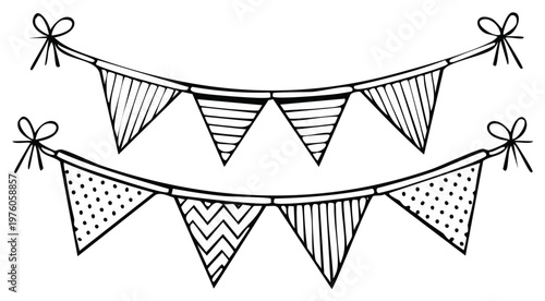 Hand-drawn Black and White Decorative Bunting Flags with Patterns and Ribbons