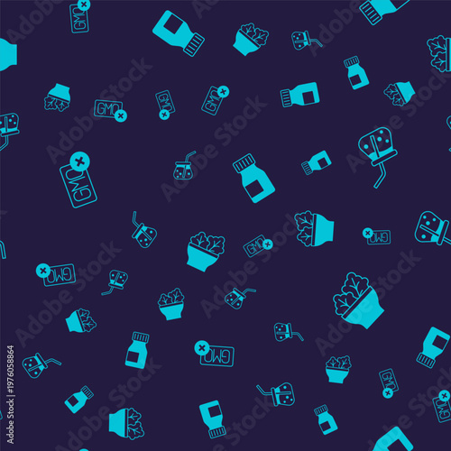 Set No GMO, Fresh smoothie, Vitamins and Salad bowl on seamless pattern. Vector