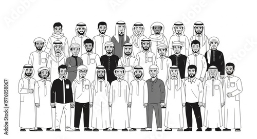 Group of Arab men in traditional attire, standing together in a crowd.