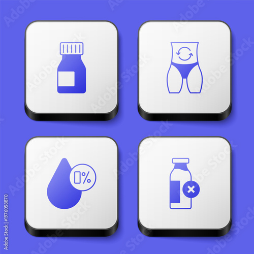 Set Vitamins, Metabolism, Water balance and Lactose intolerance icon. White square button. Vector