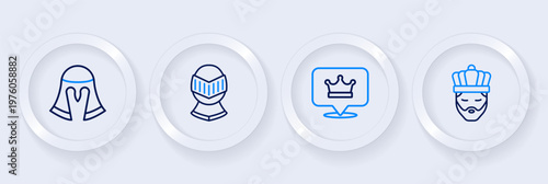 Set line King with crown, Medieval helmet and icon. Vector