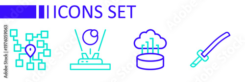Set line Katana, Network cloud connection, Hologram and Neural network icon. Vector