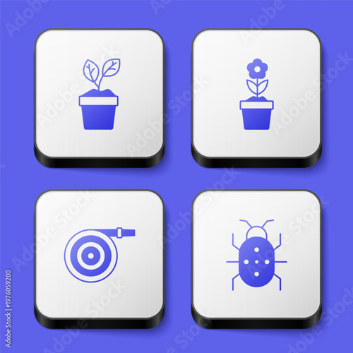 Set Plant in pot, Flower, Garden hose and Colorado beetle icon. White square button. Vector