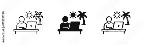 Digital Nomad Working Remotely Icon Set, Remote Work on Vacation with Laptop Symbol, Work from Anywhere Tropical Lifestyle Icons