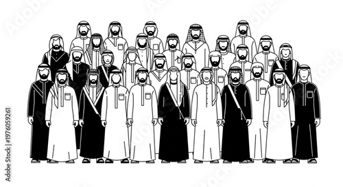 Group of Arab men in traditional attire, standing together in a crowd.