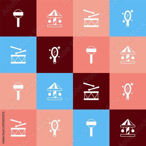 Set pop art Lollipop, Attraction carousel, Drum with drum sticks and Magic hand mirror icon. Vector