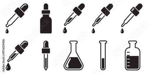 Set of medical dropper icons and lab glassware including flasks and test tube science symbols.