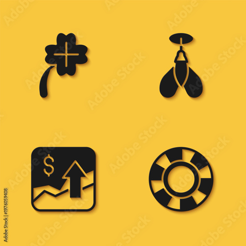 Set Casino slot machine with clover, chips, Financial growth increase and Dart arrow icon with long shadow. Vector