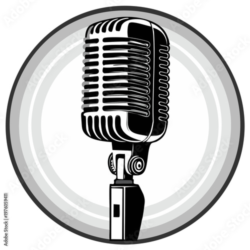 Retro microphone graphic art in circular frame, vintage music and broadcast icon