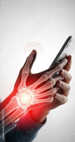Human hand holding smartphone with highlighted bones and pain indication