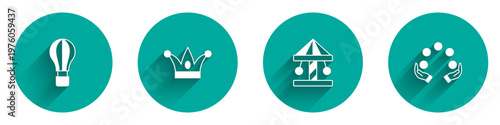 Set Hot air balloon, Jester hat with bells, Attraction carousel and Juggling icon with long shadow. Vector