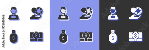 Set Stacks paper money cash, Casino dealer, Money bag and Hand holding casino chips icon. Vector