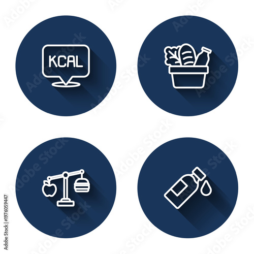 Set line Kcal, Shopping bag and food, Calorie calculator and Bottle of water with long shadow. Blue circle button. Vector