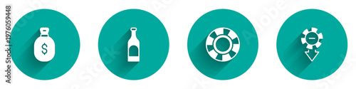 Set Money bag, Bottle of wine, Casino chips and icon with long shadow. Vector