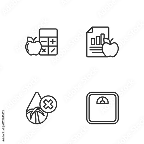 Set line Bathroom scales, Palm oil free, Calorie calculator and Diet plan icon. Vector