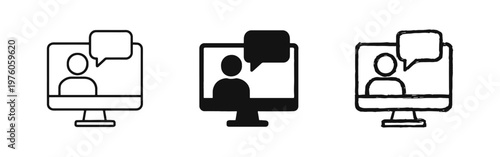 Online Communication and Video Call Icon Set, Virtual Meeting and Chat Support Symbols, Remote Conversation via Computer Monitor