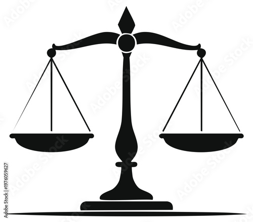 Black silhouette of a classic balance scale symbolizing justice and fairness with its pans level