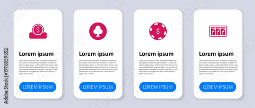 Set Slot machine with jackpot, Casino chip dollar, Playing card clubs symbol and Coin money. Business infographic template. Vector