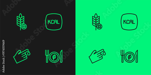 Set line Vegan food diet, Finger blood, Gluten free grain and Kcal icon. Vector