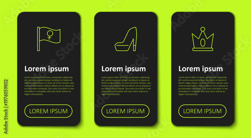 Set line Feminist activist, Woman shoe and King crown. Business infographic template. Vector