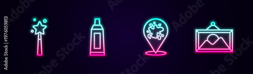 Set line Magic wand, Tube with paint palette, Paint spray and Picture landscape. Glowing neon icon. Vector