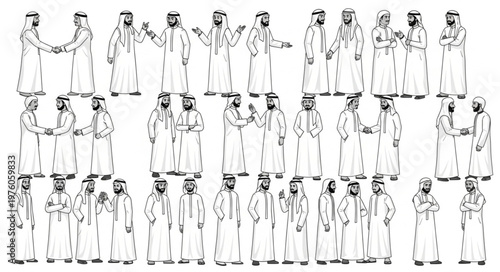 Group of Arab men in traditional attire, standing together in a gathering.