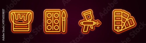 Set line Paint bucket, Watercolor paints box, spray gun and Color palette guide. Glowing neon icon. Vector