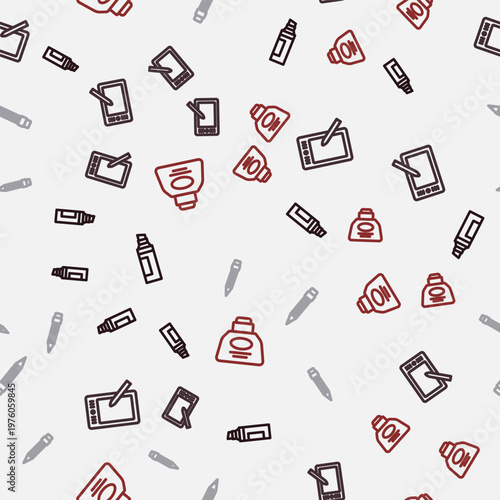 Set line Marker pen, Graphic tablet, Pencil with eraser and Inkwell on seamless pattern. Vector
