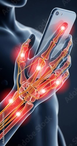 Human hand with digital overlay of skeletal and nervous system connection