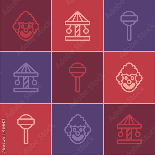 Set line Clown head, Lollipop and Attraction carousel icon. Vector