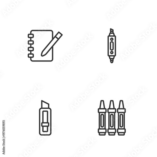 Set line Wax crayons for drawing, Stationery knife, Notebook and Marker pen icon. Vector